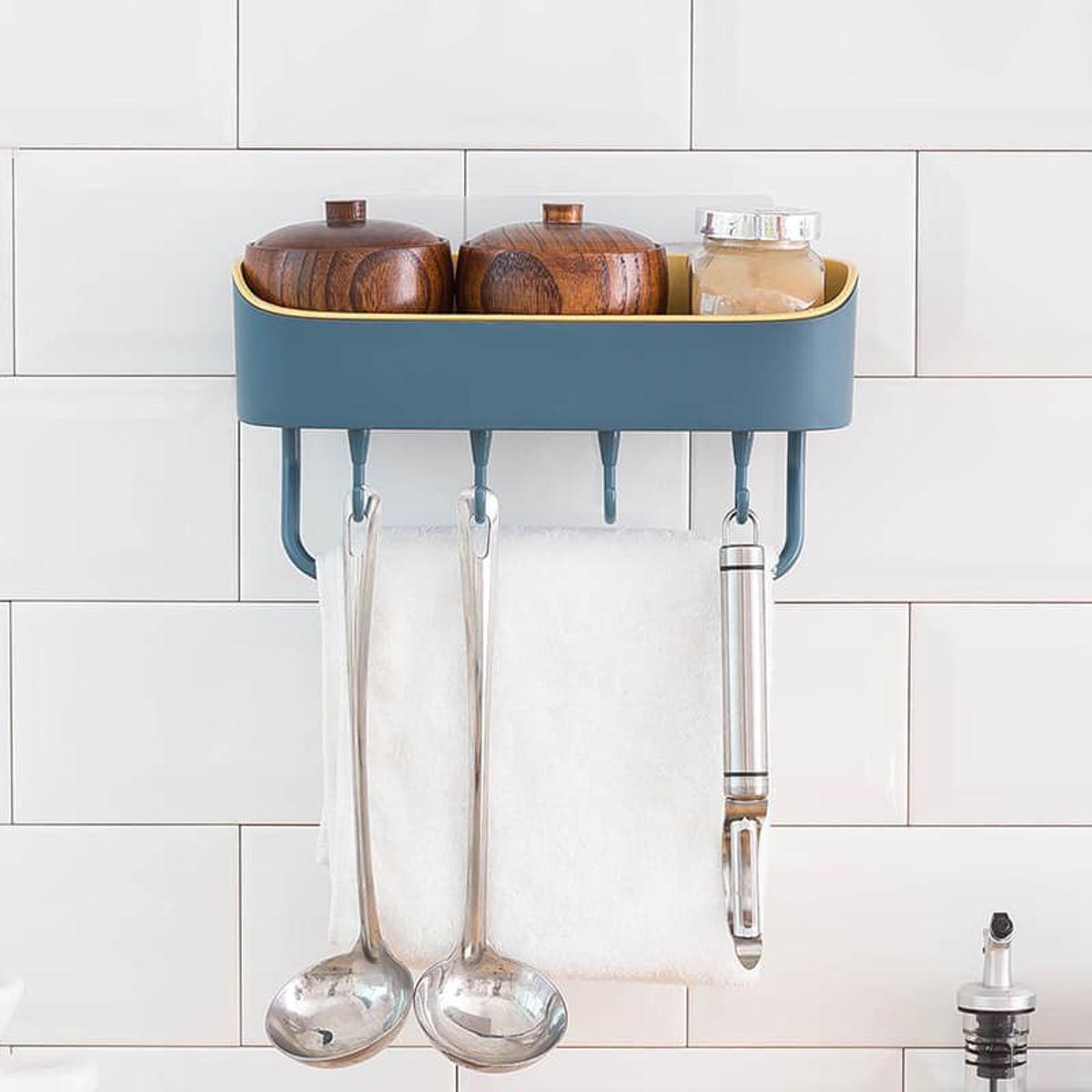 Plastic Multipurpose Wall Mounted Suction System Kitchen Bathroom Wall Shelf with Towel Holder with 4 Hook (Random Colour-1 PCS)